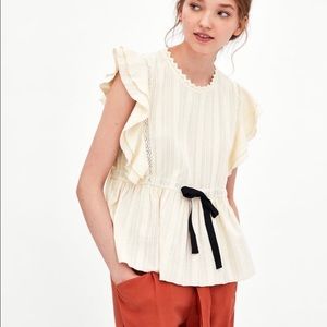 Zara Cream Ruffle Sleeve Blouse, black bow waist
